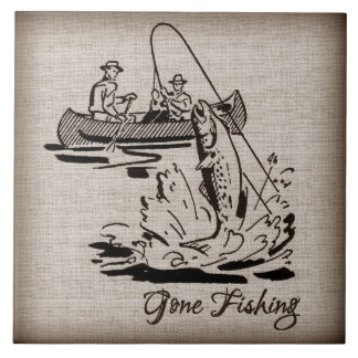 Gone Fishing Vintage Canoe Kayak Fish on Burlap Tile