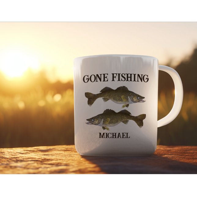 Gone Fishing Walleye Angler Outdoors Custom Name Coffee Mug (Walleye Fishing Gone Fishing Personalize name gift mug for fisherman)