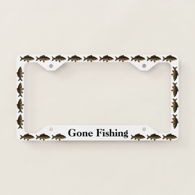Gone Fishing with Carp Fish on White License Plate Frame (Front)