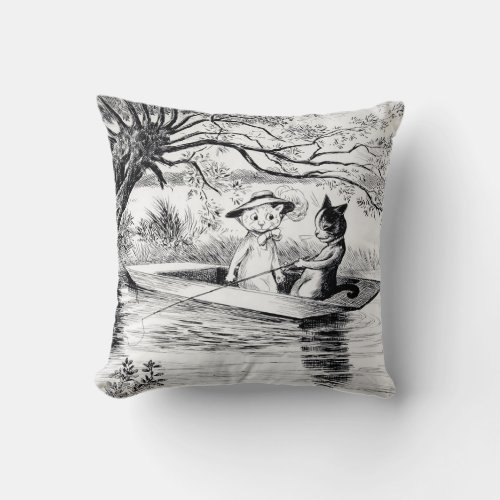 Gone Fishing with Lover Louis Wain Throw Pillow