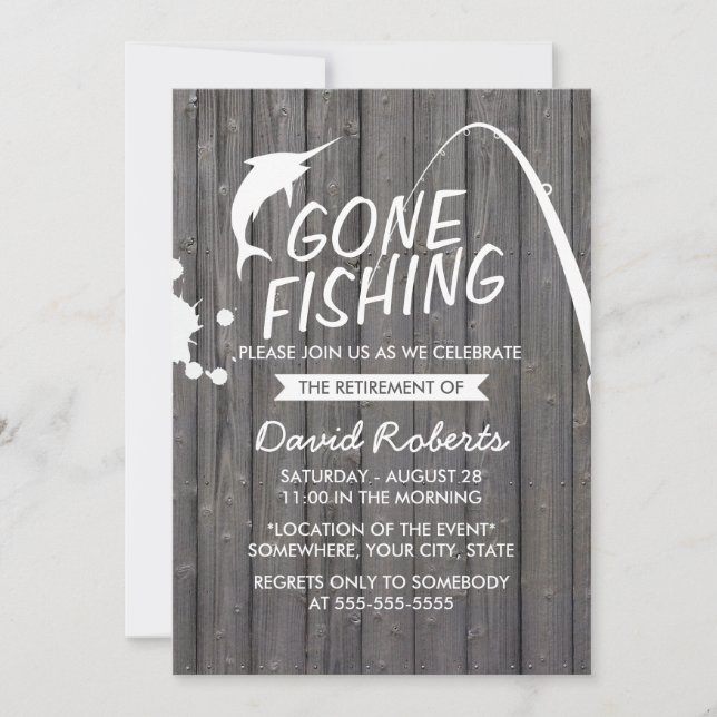 Gone Fishing Wood Background Retirement Party Invitation (Front)