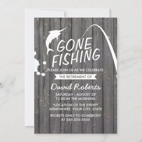 Gone Fishing Wood Background Retirement Party Invitation
