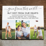 Gone from this World Remembrance Photo Collage Canvas Print<br><div class="desc">Create your own wrapped canvas in loving memory of someone special. The title reads "gone from this world but not from our hearts" in elegant handwritten script and modern uppercase print. The photo template is set up ready for you to add 3 of your treasured photos and you can also...</div>