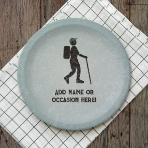 Gone Hiking - Rambler on an adventure - your text Paper Plates