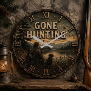 Gone Hunting Rustic Vintage Cabin  Large Clock