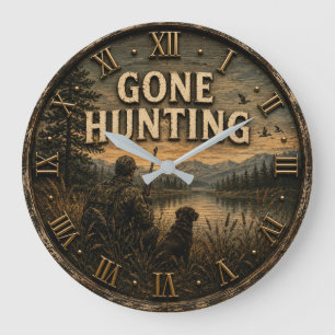 Gone Hunting Rustic Vintage Cabin Large Clock