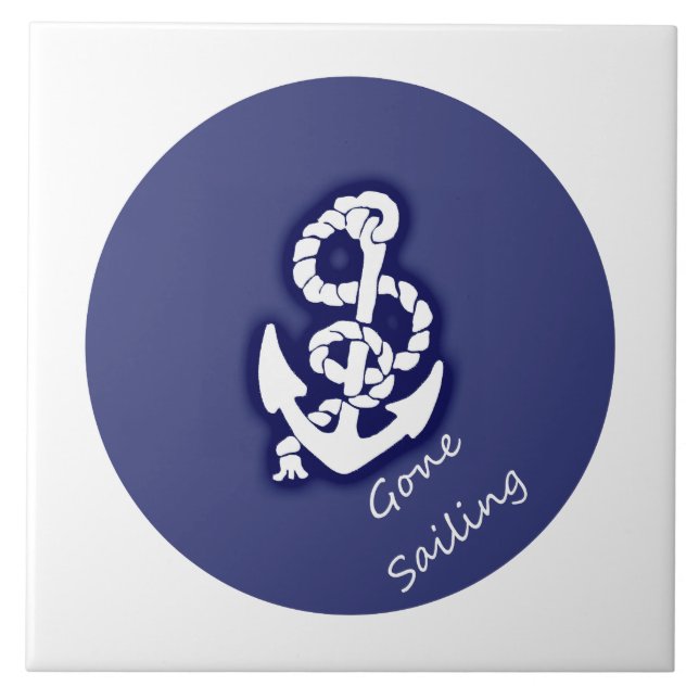 Gone Sailing White Anchor on Nautical Blue Ceramic Tile (Front)