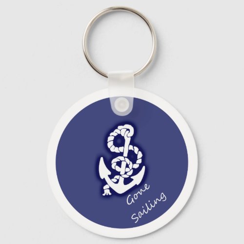 Gone Sailing White Anchor on Nautical Blue Keychain