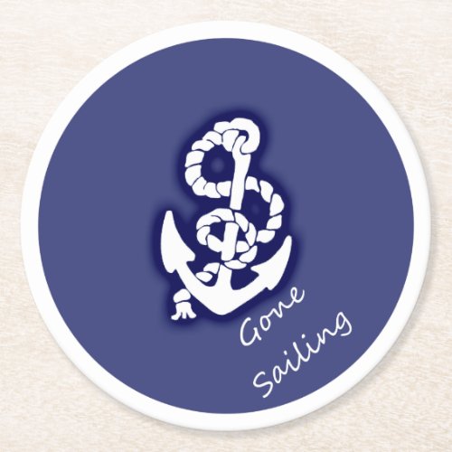Gone Sailing White Anchor on Nautical Blue Round Paper Coaster