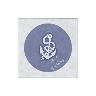 Gone Sailing White Anchor on Nautical Blue Stone Magnet