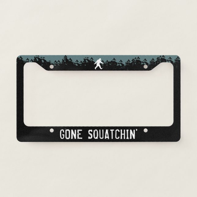 Gone Squatchin' Bigfoot Silhouette Sasquatch License Plate Frame (Front)