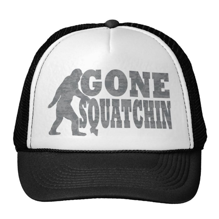 Gone squatchin black text & bigfoot trucker hat