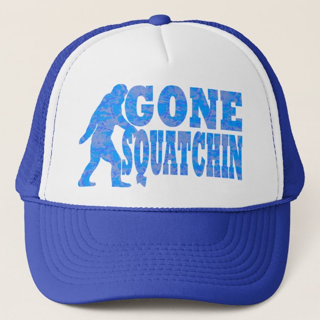 Gone Squatchin blue text Trucker Hat (Front)