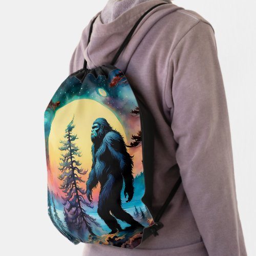 Gone Squatchin Colorful Sasquatch Landscape Drawstring Bag