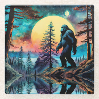 Gone Squatchin' Colorful Sasquatch Landscape Glass Coaster