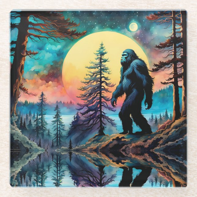 Gone Squatchin' Colorful Sasquatch Landscape Glass Coaster (Front)