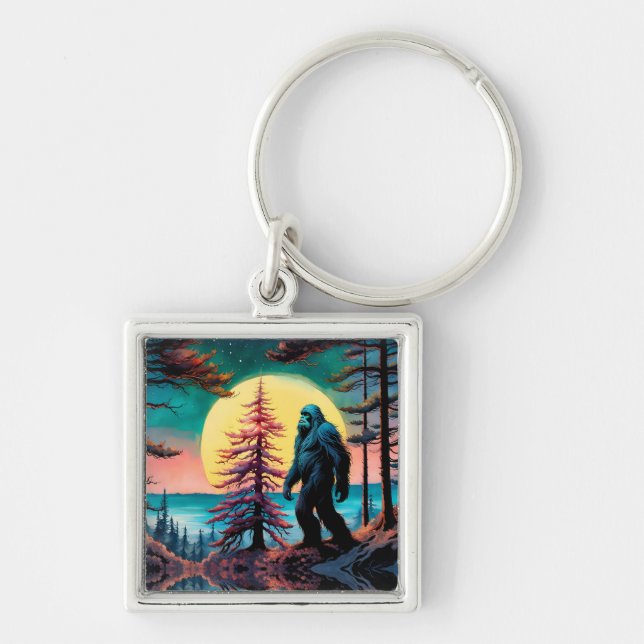 Gone Squatchin' Colorful Sasquatch Landscape Keychain (Front)