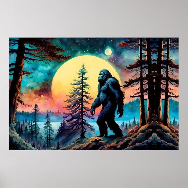 Gone Squatchin' Colorful Sasquatch Landscape Poster (Front)