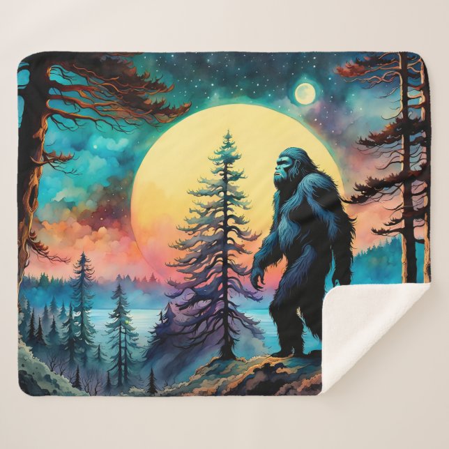Gone Squatchin' Colorful Sasquatch Landscape Sherpa Blanket (Front (Horizontal))