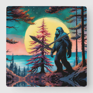 Gone Squatchin' Colorful Sasquatch Landscape Square Wall Clock