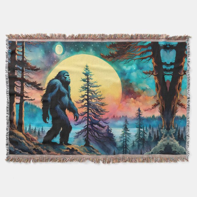 Gone Squatchin' Colorful Sasquatch Landscape Throw Blanket (Front)