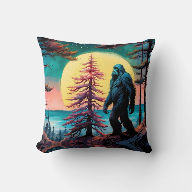 Gone Squatchin' Colorful Sasquatch Landscape Throw Pillow (Front)