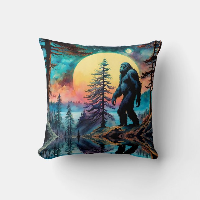 Gone Squatchin' Colorful Sasquatch Landscape Throw Pillow (Front)