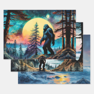 Gone Squatchin' Colorful Sasquatch Landscape Wrapping Paper Sheets