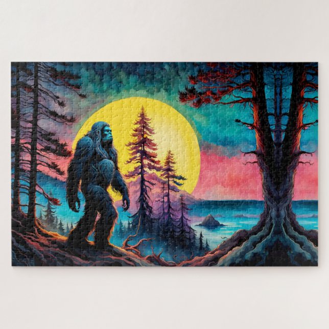 Gone Squatchin' Colorful Sasquatch Night Landscape Jigsaw Puzzle (Horizontal)