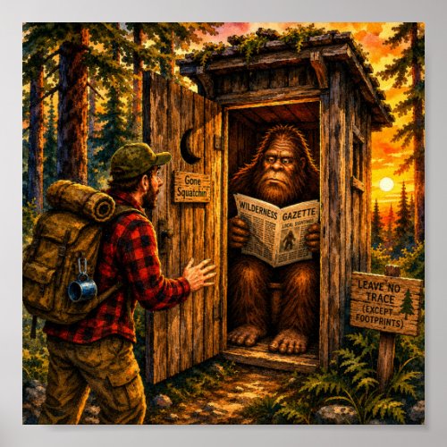 Gone Squatchin Funny Bigfoot Outhouse Watercolor Poster