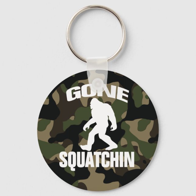 Gone Squatchin white logo with Camo Background Keychain (Front)