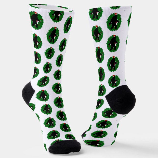 Gone Squatchin' Wreath Christmas Socks (Angled)