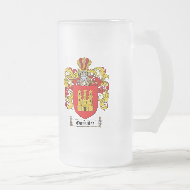 GONZALEZ FAMILY CREST -  GONZALEZ COAT OF ARMS FROSTED GLASS BEER MUG (Right)