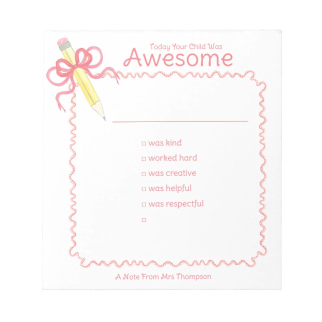 Good Behavior Note from Teacher | Pencil with Bow (Front)