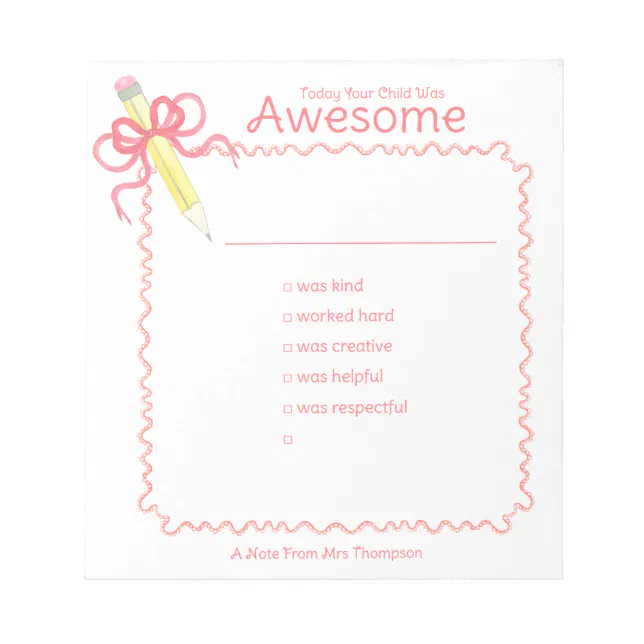 Good Day Behavior Note Good Behavior Note from Teacher | Pencil with Bow | Zazzle