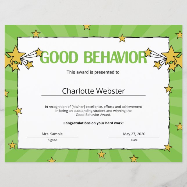 Good Behavior Student Recognition Certificates (Front)