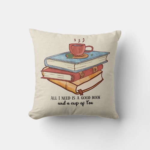 Good book cup of tea reading mug faux linen throw pillow