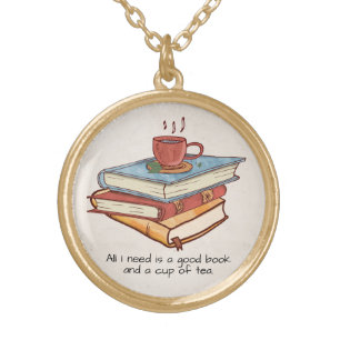 Good book cup of tea sweet affirmation gold plated necklace