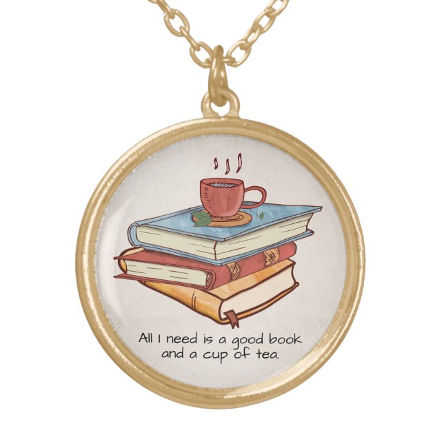 Good book cup of tea sweet affirmation gold plated necklace (Front)