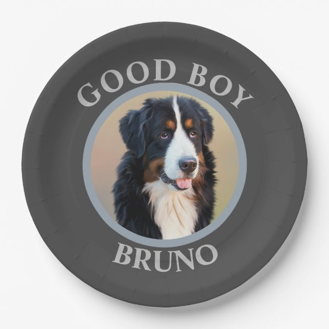 Good boy dog add photo text art grey modern paper plates (Front)