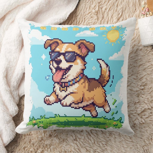 Good Boy Pixel Puppy Retro Gaming Design Throw Pillow (Blanket)