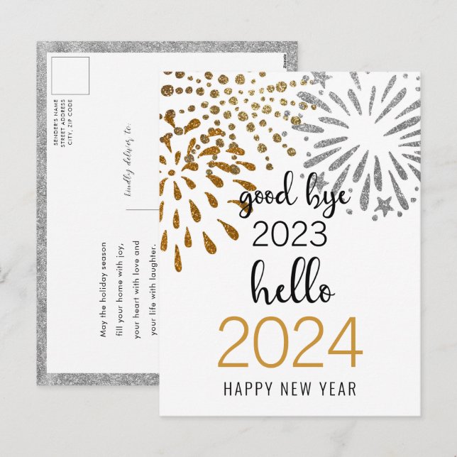 Good Bye 2023 Hello 2024 Festive Fireworks Gold  Holiday Postcard (Front/Back)