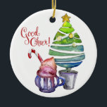 Good Cheer! Tree, Hot Chocolate, Family Names  Ceramic Ornament<br><div class="desc">Good Cheer! Tree, Hot Chocolate, Family Names Ceramic Ornament - A watercolor Christmas Ornament with a stylized tree with star on top paired with a gorgeous mug of hot chocolate with whipped cream and a candy cane. The greeting "Good Cheer" is different and still very welcoming. The opposite side of...</div>