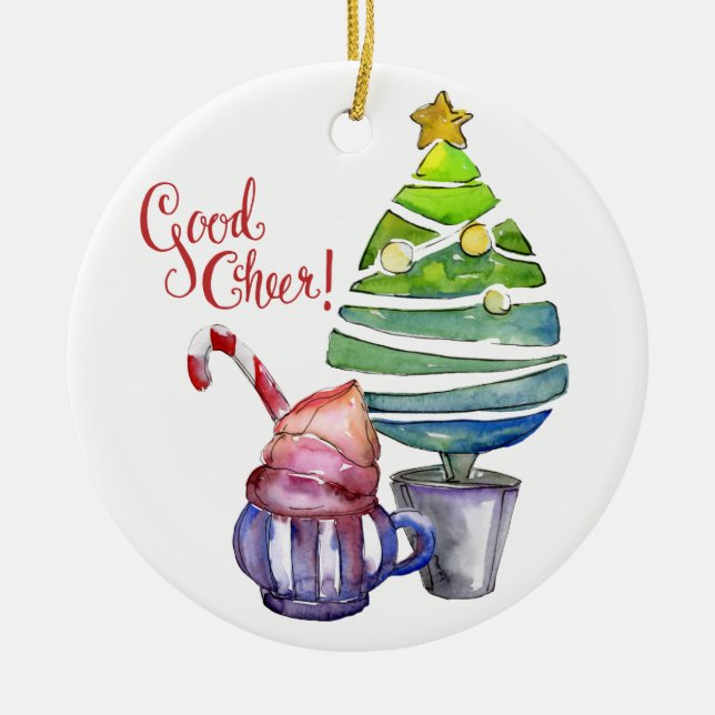 Good Cheer! Tree, Hot Chocolate, Family Names  Ceramic Ornament (Front)