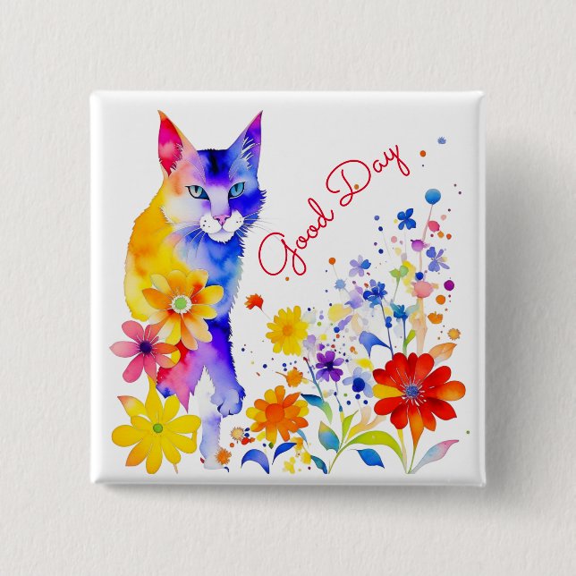 Good Day | Watercolor Cat and Flowers  Button (Front)