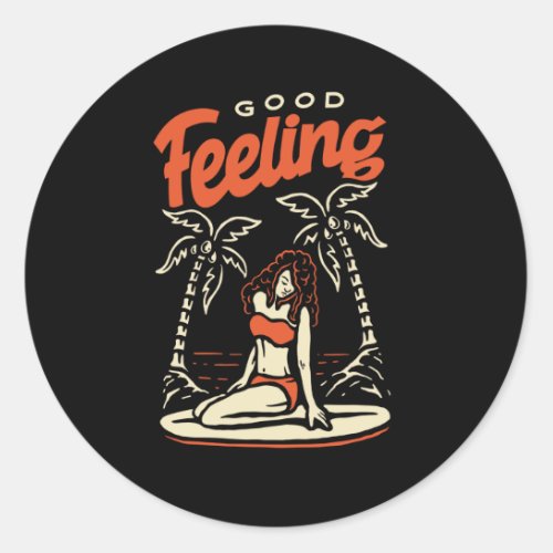 GOOD FEELING RETRO SURFER GIRL CLASSIC ROUND STICKER