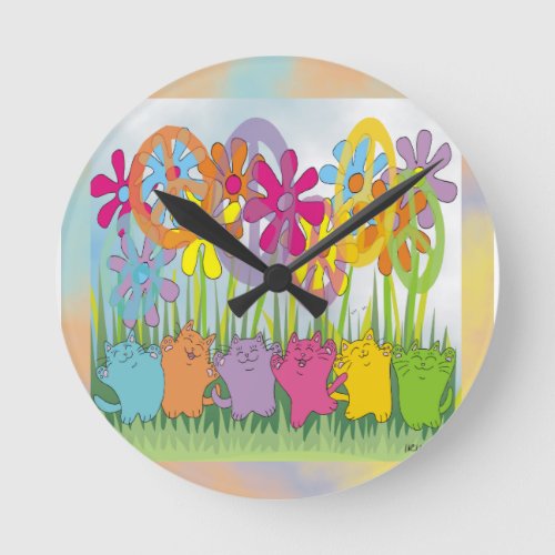 Good Fortune Flower Power Peace Cats Round Clock