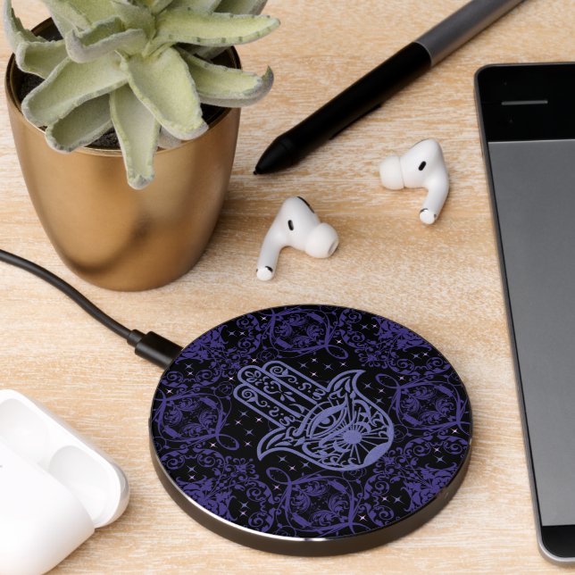 Good Fortune Hamsa Hand Purple and Black Wireless Charger (Desk 2)