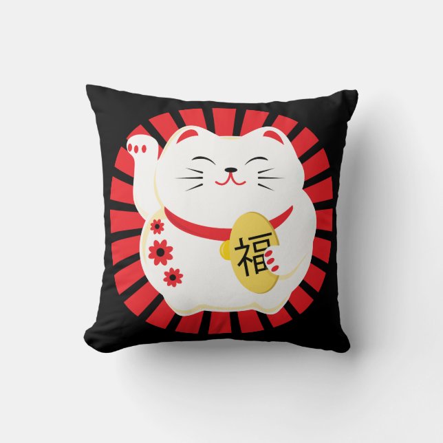 Good Fortune Lucky Cat Throw Pillow (Front)
