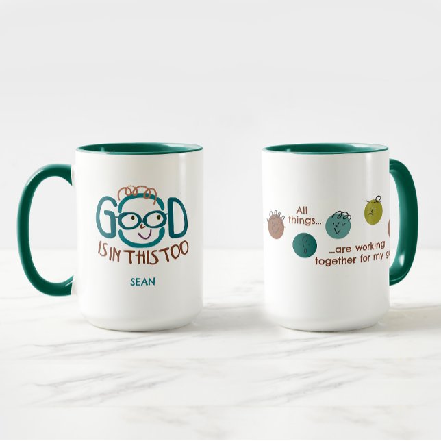 Good Is In This Too Religious Inspirational Quote Two-Tone Coffee Mug ("GOD / GOOD is in this too" inspirational quote, "All things are working together for my good")
